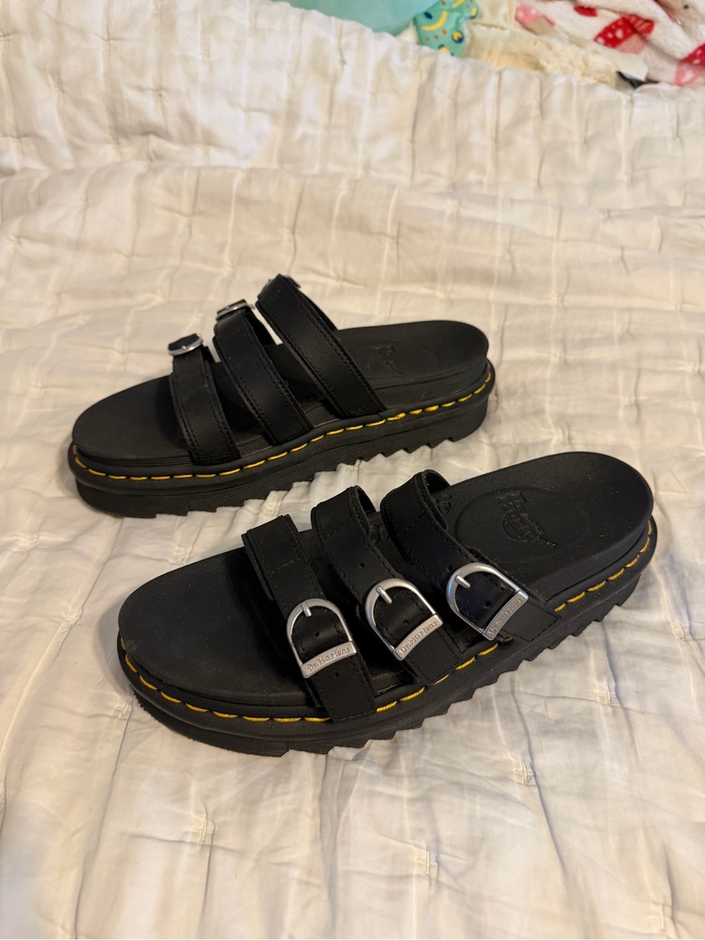 Dr. Martens Black Triple Buckle Slide Sandal with Yellow Welt Stitching